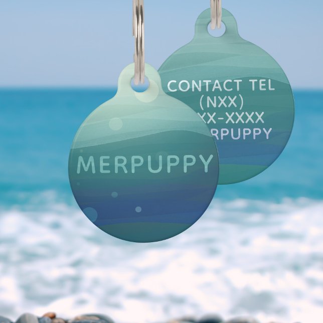 Placa Para Mascotas Moderna acuarela Verde azulada Olas Mar Nombre de  (Add your pup's name and contact number to this teal blue green watercolor waves pet id tag)