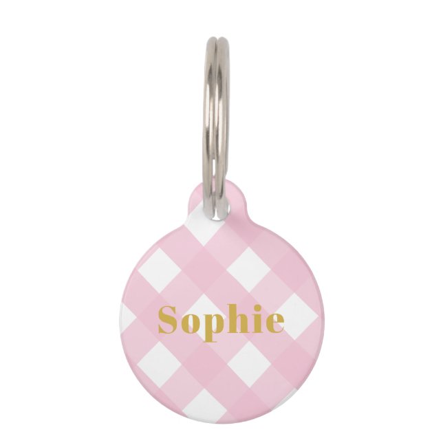 Placa Para Mascotas Moderna prueba rosa simple Gingham Gold Monograma (Anverso)