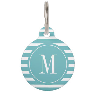 Placa Para Mascotas Moderno Aqua Blue and White Stripe con Monograma