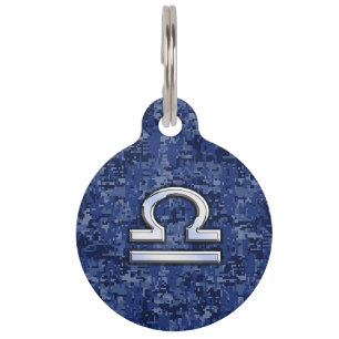 Placa Para Mascotas Moderno Rótulo Libra Zodiac en camo digital azul