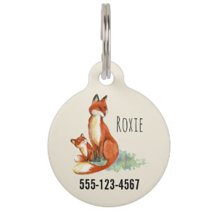 Placa Para Mascotas Momma Fox y Baby Watercolor Ilustracion