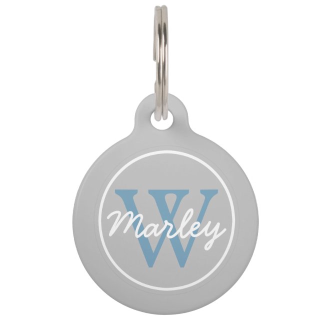 Placa Para Mascotas Monograma azul Ash Gray y Carolina (Anverso)