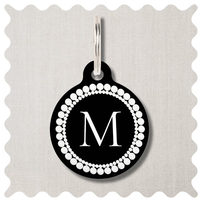 Placa Para Mascotas Monograma blanco y negro (Black and White Monogrammed Dog ID Tag. Elegant Wedding Pet Tags. )