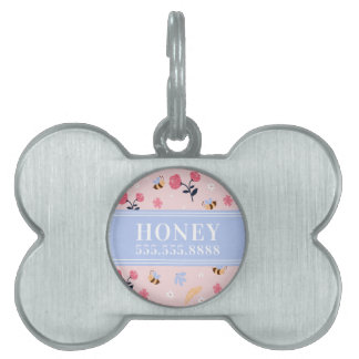 Placa Para Mascotas Monograma con nombre floral de abeja rosada mate e