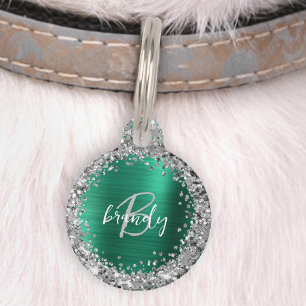 Placa Para Mascotas Monograma de brillo de metal cepillado verde esmer