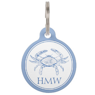 Placa Para Mascotas Monograma de cangrejo blanco y azul costero
