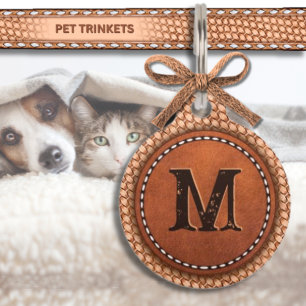 Placa Para Mascotas Monograma de cucharada natural y cuero natural