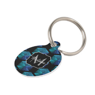 Placa Para Mascotas Monograma de diamantes con brillo azul acuático
