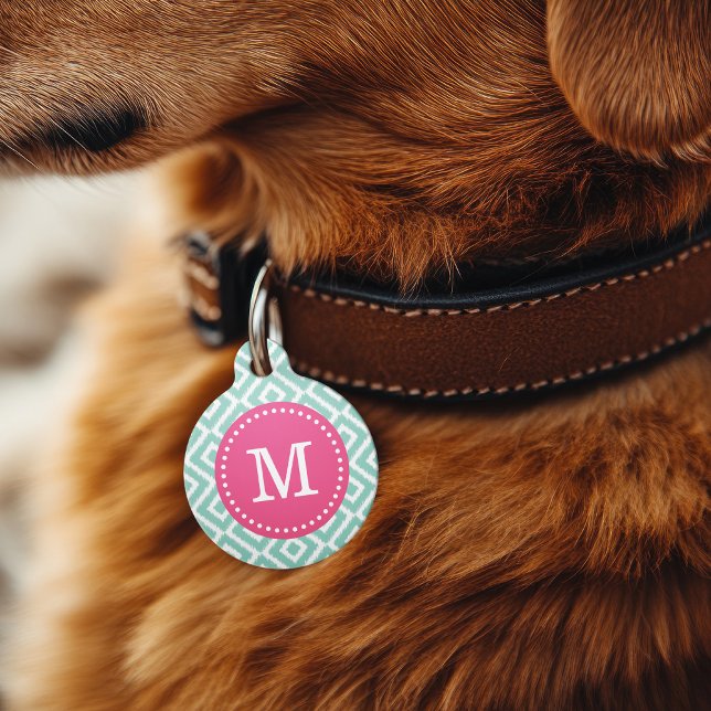 Placa Para Mascotas Monograma de diamantes de Aqua y Ikat Rosa (Subido por el creador)