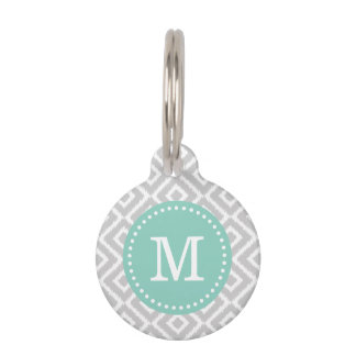 Placa Para Mascotas Monograma de diamantes de ikat de grises y Aqua