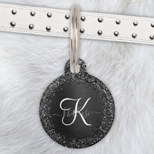 Placa Para Mascotas Monograma de espuma de Purpurina negro personaliza