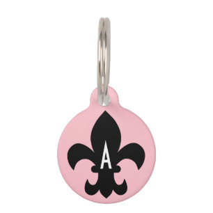 Placa Para Mascotas Monograma de flor blanco y negro rosado de Lis
