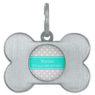 Placa Para Mascotas Monograma De La Cinta Brt Aqua De Polka Blanca Gri