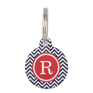 Placa Para Mascotas Monograma de la Marina y el Chevron Rojo