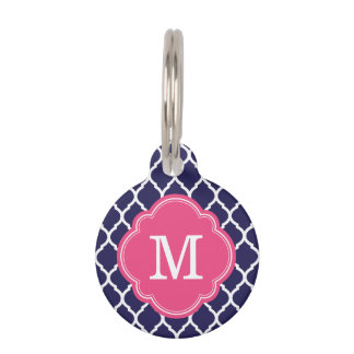 Placa Para Mascotas Monograma de la Marina y el Cuatrefoil Rosa