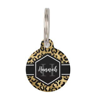 Placa Para Mascotas Monograma de lugares de leopardo negro dorado