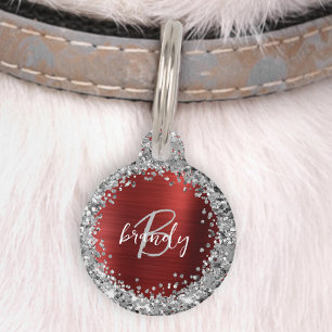 Placa Para Mascotas Monograma de Metal Cepillado Rojo con Brillo Plate
