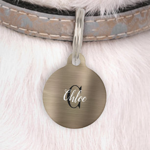 Placa Para Mascotas Monograma de Metal Pulido en Oro de Lujo