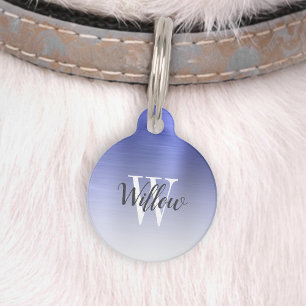 Placa Para Mascotas Monograma de Metal Pulido Ombre Azul de Lujo