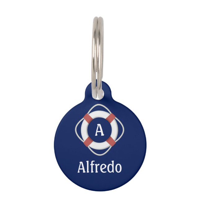 Placa Para Mascotas Monograma de Navy Blue Nautical Lifesaver (Anverso)