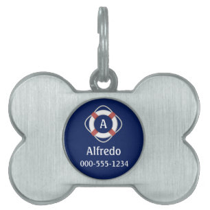 Placa Para Mascotas Monograma de Navy Blue Nautical Lifesaver