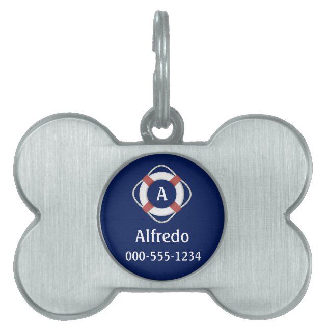 Placa Para Mascotas Monograma de Navy Blue Nautical Lifesaver (Frente)