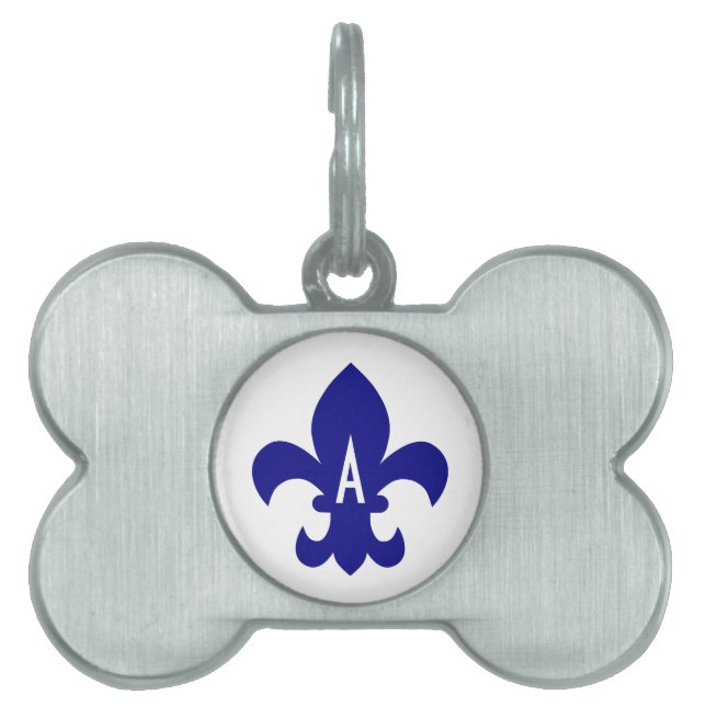 Placa Para Mascotas Monograma de Navy Fleur de Lis (Frente)