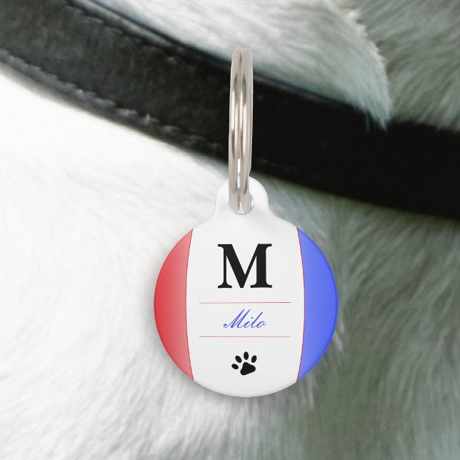 Placa Para Mascotas Monograma de nombre patriótico rojo blanco y azul (Red White & Blue Patriotic Name Monogram Pet ID Tag)