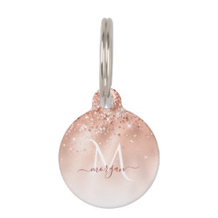 Placa Para Mascotas Monograma de oro de Rosa Peach purpurina
