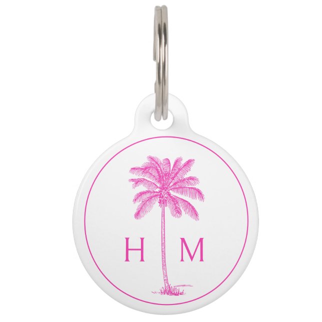 Placa Para Mascotas Monograma de palmetto rosa y blanco (Anverso)