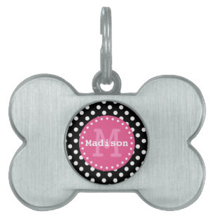 Placa Para Mascotas Monograma de puntos de polka rosa blanco negro