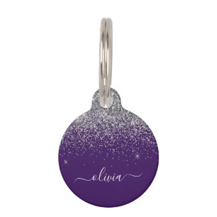 Placa Para Mascotas Monograma de Purpurina de color morado plateado Gi