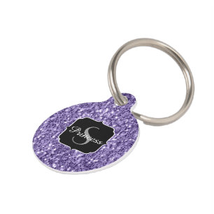 Placa Para Mascotas Monograma de purpurina violeta ultravioleta