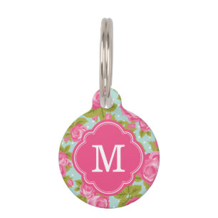 Placa Para Mascotas Monograma de Rosas de color rosa y de menta