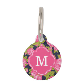 Placa Para Mascotas Monograma de Rosas Vintage rosados y de la Marina