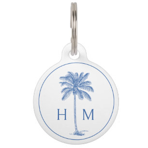 Placa Para Mascotas Monograma del árbol de palmetto azul y blanco