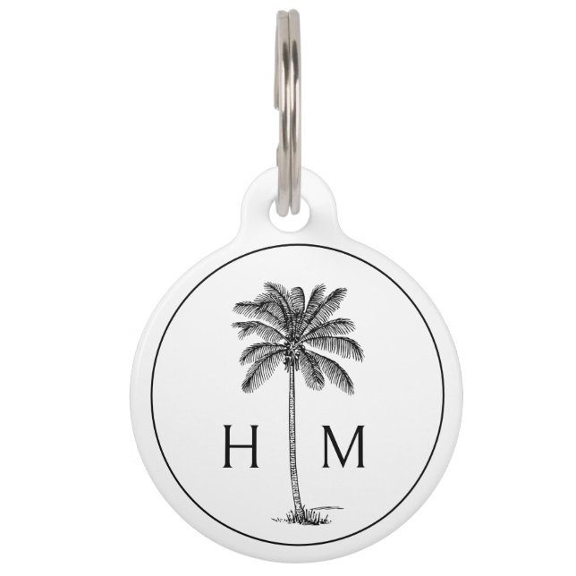 Placa Para Mascotas Monograma del árbol de palmetto negro y blanco (Anverso)