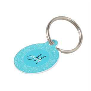 Placa Para Mascotas Monograma Esparkle Purpurina Verde azulado Elegant