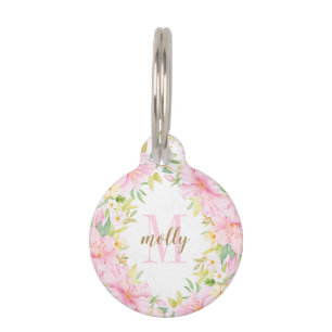 Placa Para Mascotas Monograma floral acuarela Rubor rosado botánico