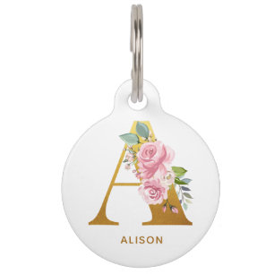 Placa Para Mascotas Monograma floral con nombre del animal y contacto