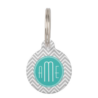 Placa Para Mascotas Monograma gris moderno elegante de Chevron y de la