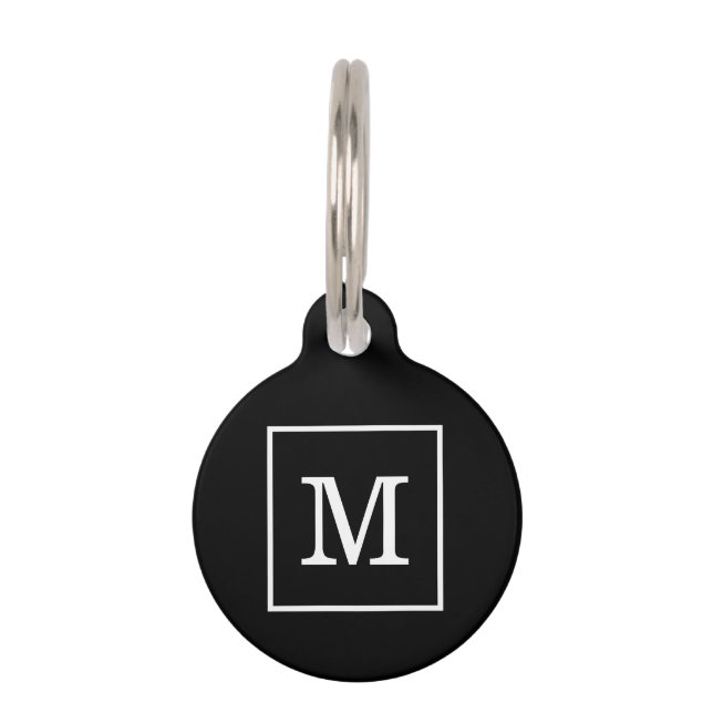Placa Para Mascotas Monograma inicial con marco blanco negro (Anverso)
