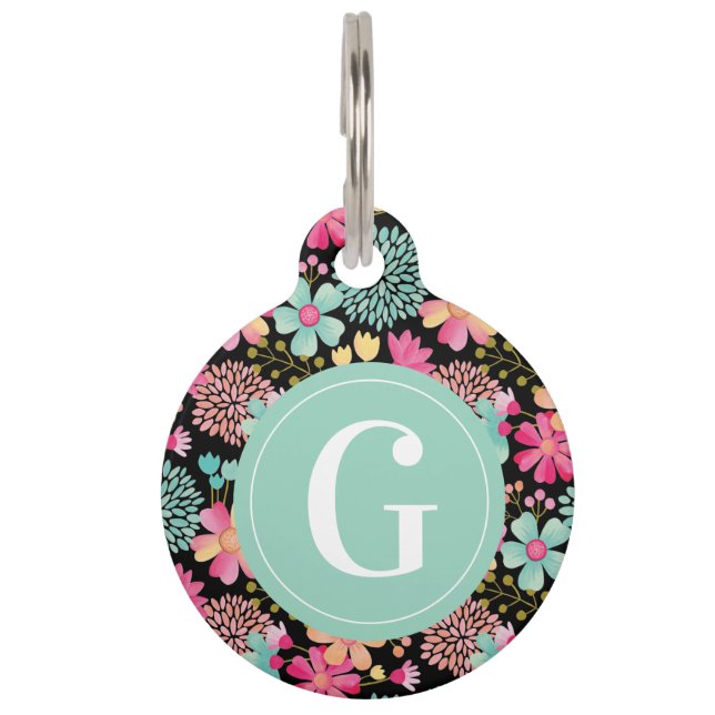 Placa Para Mascotas Monograma inicial de identificación floral para ma (Anverso)