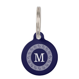 Placa Para Mascotas Monograma inicial del marco de la llave griega azu