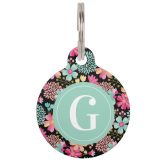 Placa Para Mascotas Monograma inicial floral de identificación de masc