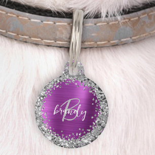 Placa Para Mascotas Monograma Magenta Metal Brillante Plateado