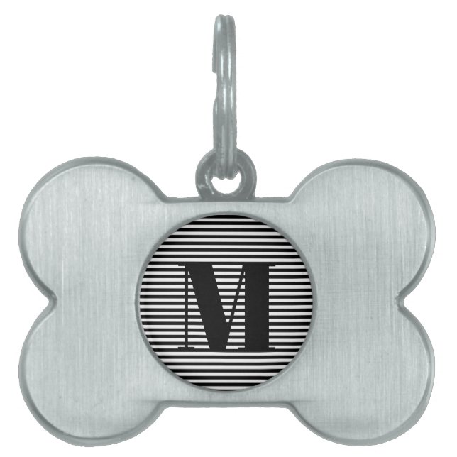 Placa Para Mascotas Monograma moderno letra inicial franja blanca negr (Frente)