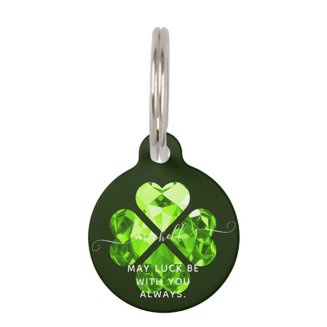 Placa Para Mascotas Monograma moderno Nombre Lucky Clover Peridot Dog  (Anverso)