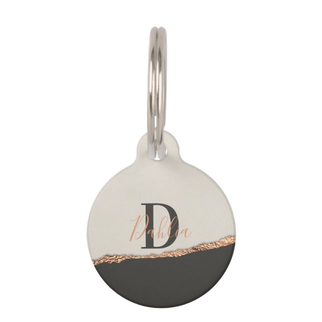 Placa Para Mascotas Monograma moderno rosa negro purpurina dorado Rosa (Anverso)