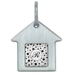 Placa Para Mascotas Monograma negro sobre patrón de punto de polka bla